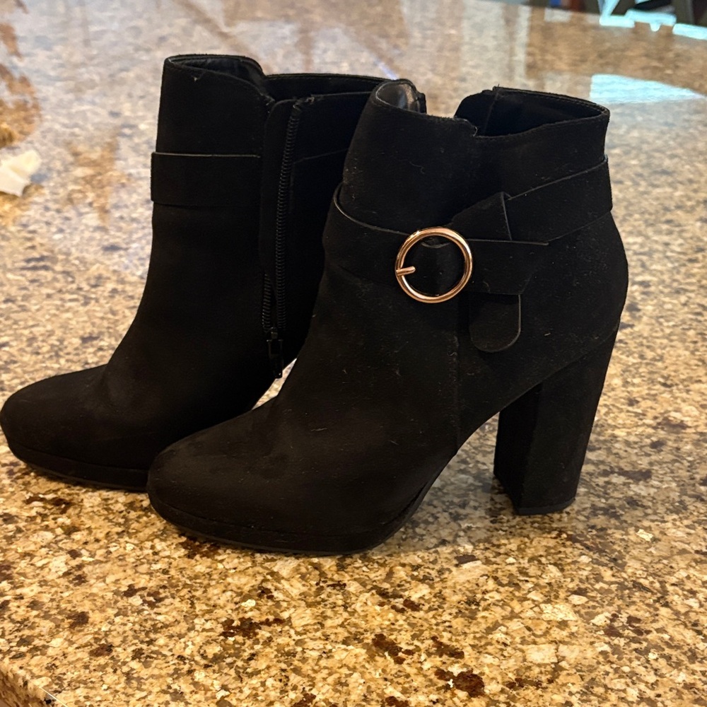 LC Lauren Conrad Black Heeled Boots with Strap Accent